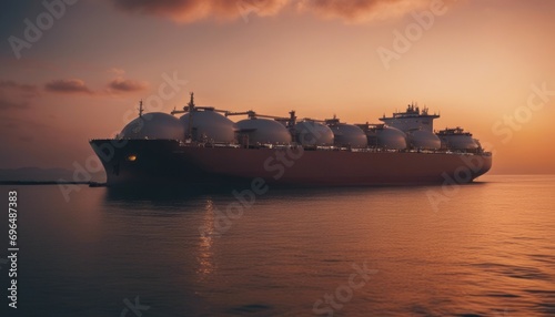 A big LNG tanker ship travelling over the calm ocean during sunset