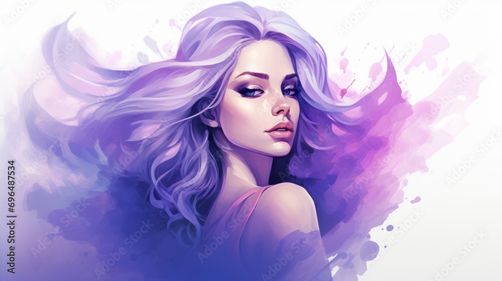 Woman's face with hair blowing in the wind on a watercolor-style background with space for graphic text insertion