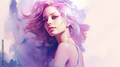 Woman's face with hair blowing in the wind on a watercolor-style background with space for graphic text insertion