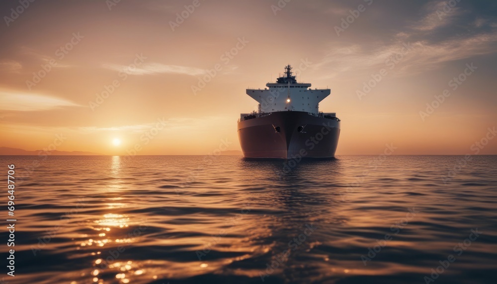 A big LNG tanker ship travelling over the calm ocean during sunset