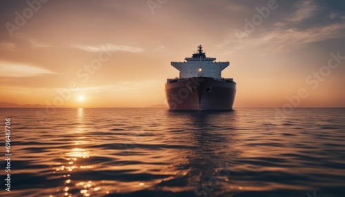 A big LNG tanker ship travelling over the calm ocean during sunset © Adi