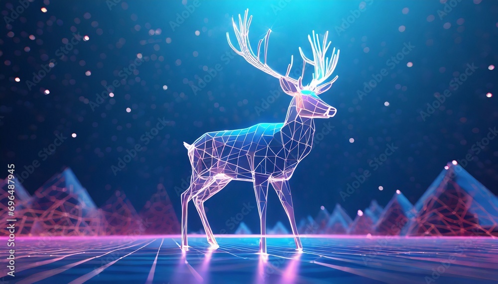 Deer, Reindeer silhouette. Low poly, wireframe digital. Christmas, New Year greeting card concept on blue neon background. Deer, Reindeer silhouette. Low poly, wireframe digital. Christmas, New Year greeting card concept on blue neon background.