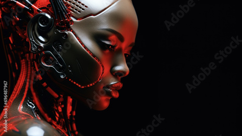 A woman cyborg robotics android as afroamerican robotics aspect. Red lucid shell for bionic cyborg and afro americans inclusion. Black and red woman robot