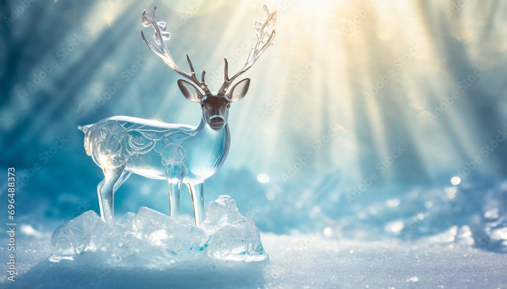 Crystal glass deer on ice with sunlight and shadows on background. - obrazy, fototapety, plakaty 