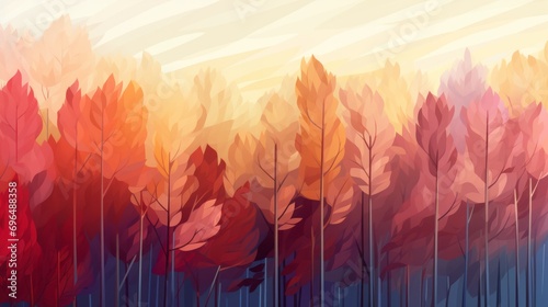 Forest wallpaper with autumn leaves in watercolor style