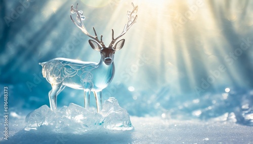 Crystal glass deer on ice with sunlight and shadows on background.