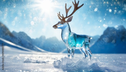 Crystal glass deer on ice with sunlight and shadows on background. 