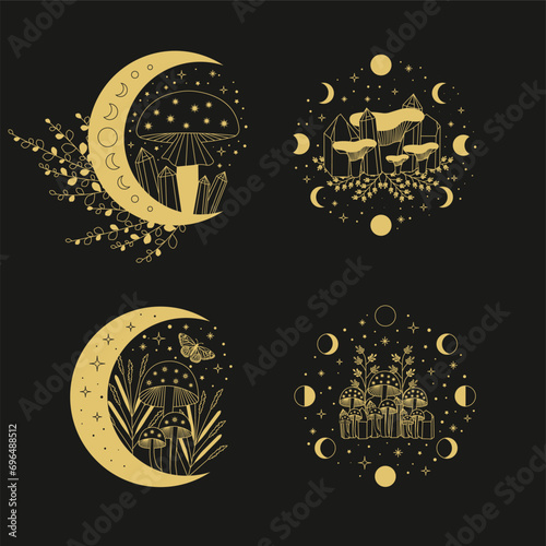 Celestial mystical moon collections. Magic and esotericl mushrooms. Vector illustrations.