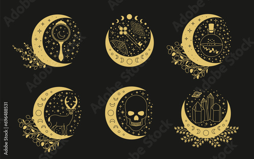 Celestial mystical moon collections. Magic and esotericl vector illustrations.