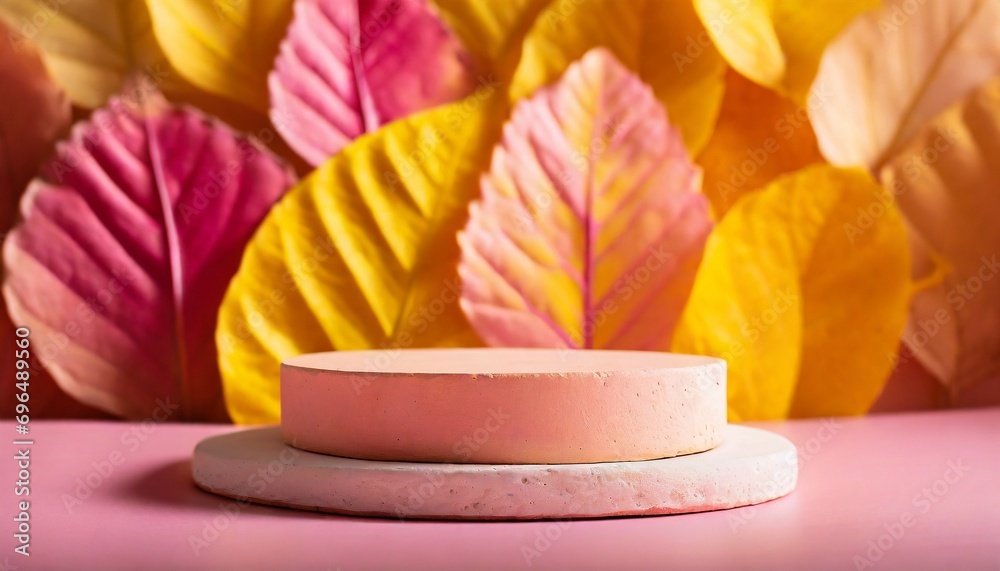 Display podium scene with pink yellow leaf geometric platform. Display podium scene with pink yellow leaf geometric platform.