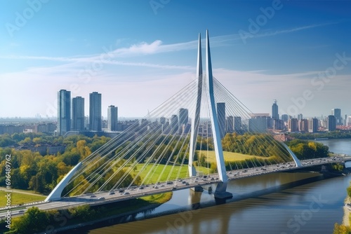 Modern bridge over the river in the city of Moscow, Russia, Beautiful panoramic aerial drone view of the cable-stayed Siekierkowski Bridge over the Vistula River and Warsaw City, AI Generated
