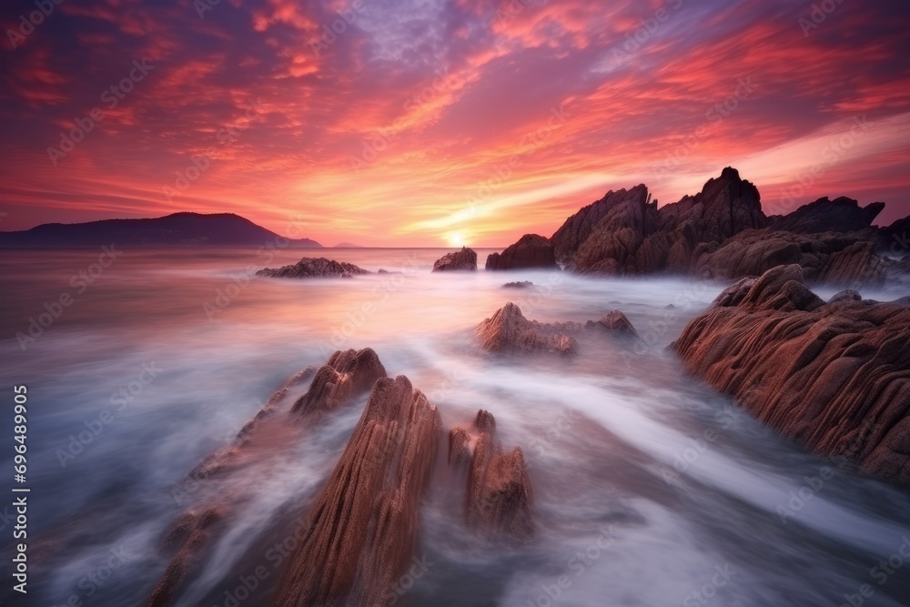 Long exposure of the rocks in the sea at sunset, Sardinia, Beautiful seascape at sunset captured through a long exposure shot, AI Generated