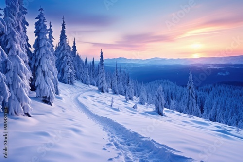 Majestic sunset in the winter mountains landscape. Dramatic wintry scene, Beautiful winter landscape in the Carpathian Mountains, Ukraine, AI Generated © Ifti Digital