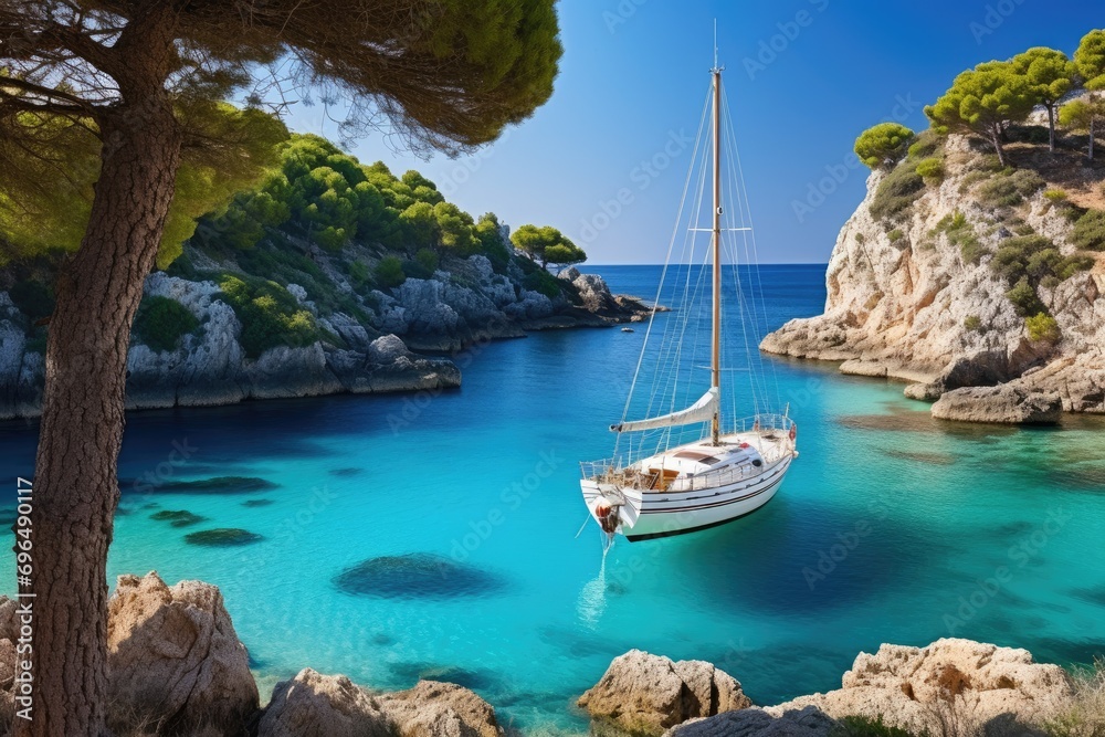 Sailing yacht on turquoise Mediterranean sea in Calanques, France, Beautiful beach with a sailing boat yacht, Cala Macarelleta, Menorca island, Spain, AI Generated - obrazy, fototapety, plakaty 