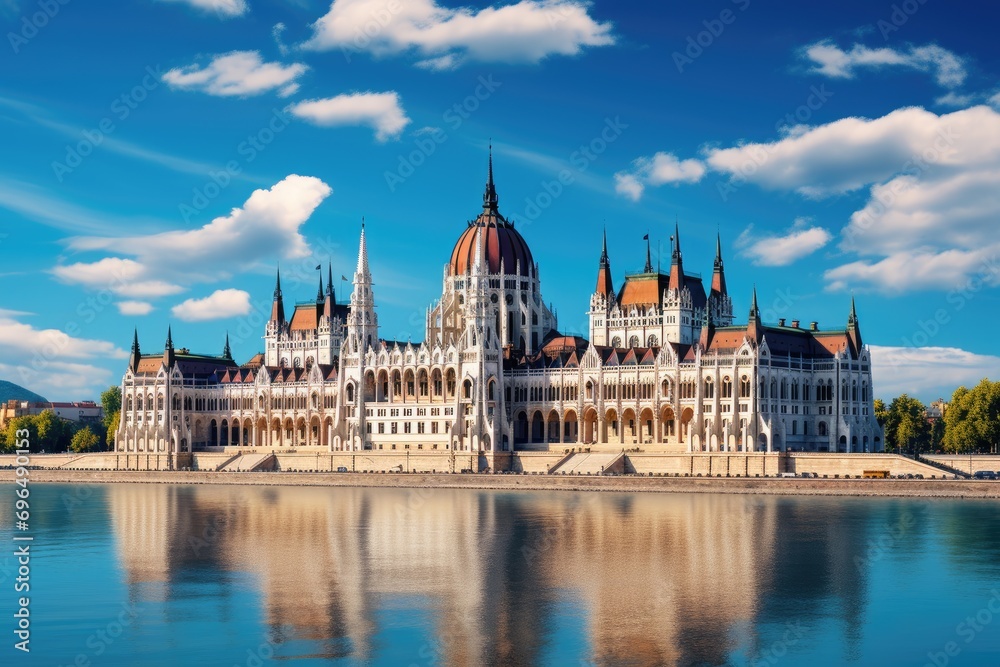 Fototapeta premium Parliament building in Budapest, Hungary, Europe. Beautiful summer landscape, Beautiful building of Parliament in Budapest, a popular travel destination, AI Generated