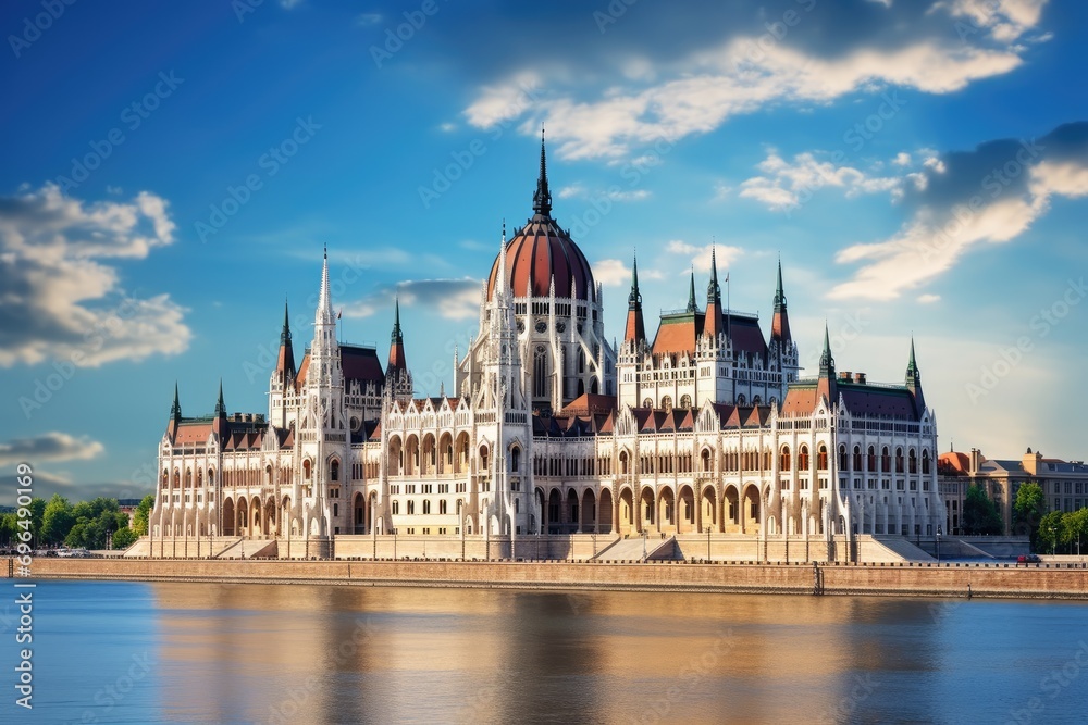 Parliament building in Budapest, Hungary at sunset. Travel background, Beautiful building of Parliament in Budapest, a popular travel destination, AI Generated