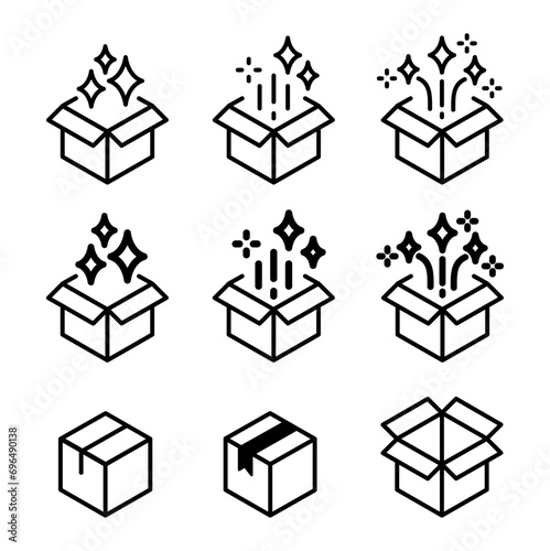 surprise box gift present win prize lucky winner party congratulations celebrate party fun event anniversary minimal line flat logo icon symbol vector graphic design set
