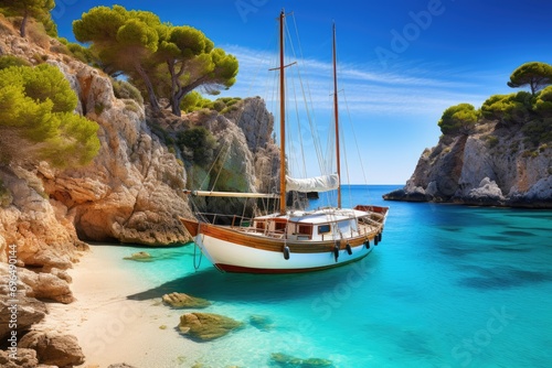 Sailing boat in Calanques bay on Majorca island, Spain, Beautiful beach with a sailing boat yacht, Cala Macarelleta, Menorca island, Spain, AI Generated photo