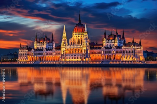 Hungarian Parliament building at sunset in Budapest, Hungary. Beautiful travel background, Beautiful building of Parliament in Budapest, a popular travel destination, AI Generated