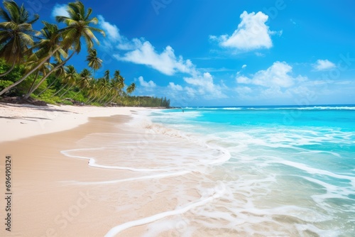 Beautiful tropical beach with coconut palm trees at Seychelles, Beautiful tropical Barbados island, View of the golden beach with palms and crystal clear water, AI Generated