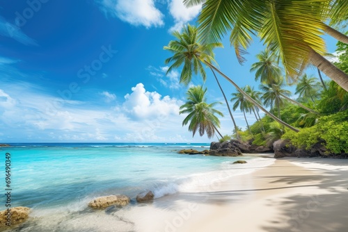 Tropical beach at Seychelles  Praslin  Beautiful tropical Barbados island  View of the golden beach with palms and crystal clear water  AI Generated