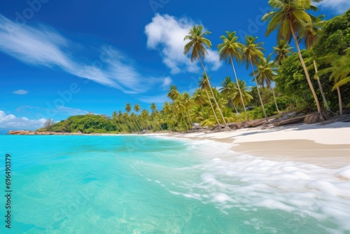 Beautiful beach at Seychelles  Praslin island  Beautiful tropical Barbados island  View of the golden beach with palms and crystal clear water  AI Generated