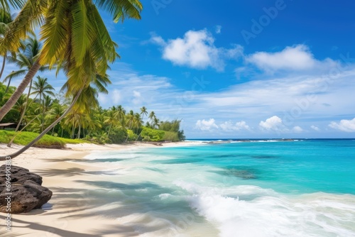 Beautiful beach at Seychelles, Praslin island, Beautiful tropical Barbados island, View of the golden beach with palms and crystal clear water, AI Generated