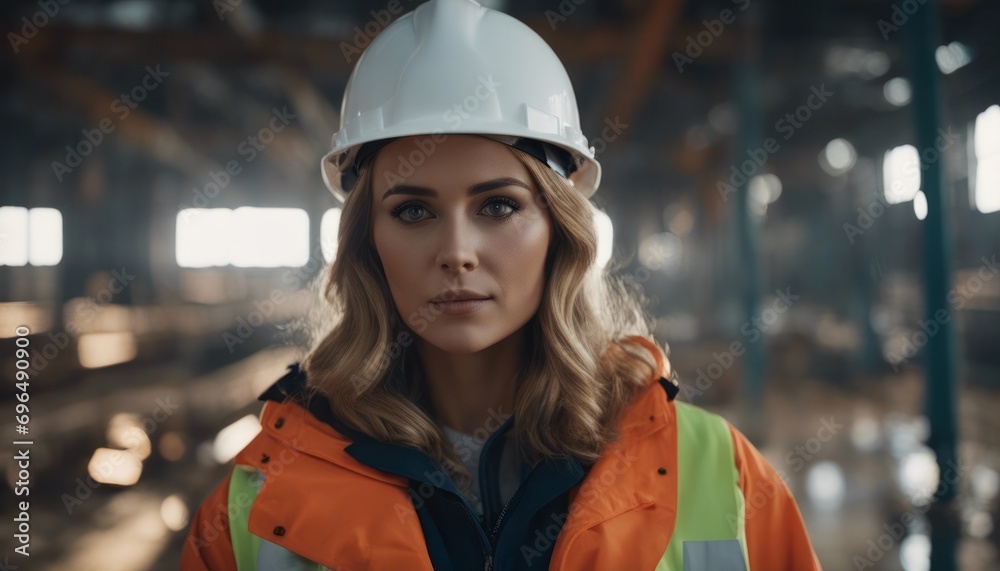 A woman wearing hard hat and protective jacket stands in the electric wires of a power station working A woman wearing hard hat and protective jacket stands in the electric wires of a power station working