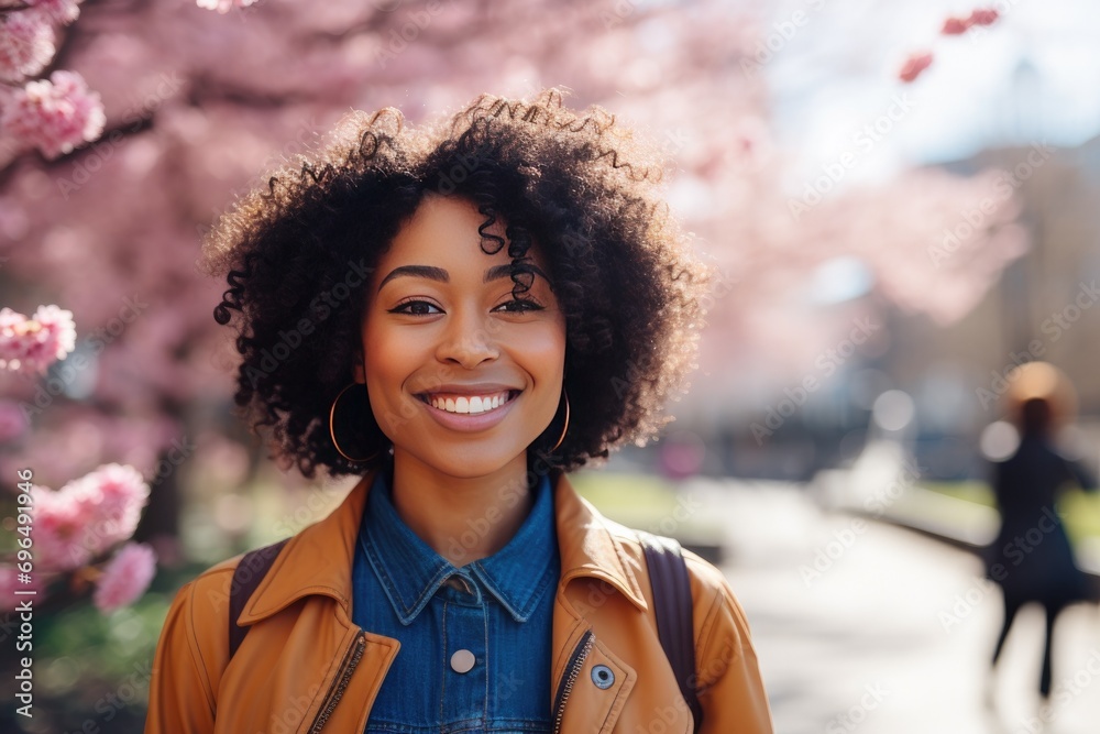 Portrait of a Happy Young Black Woman Standing on Front of a Spring City Background Portrait of a Happy Young Black Woman Standing on Front of a Spring City Background