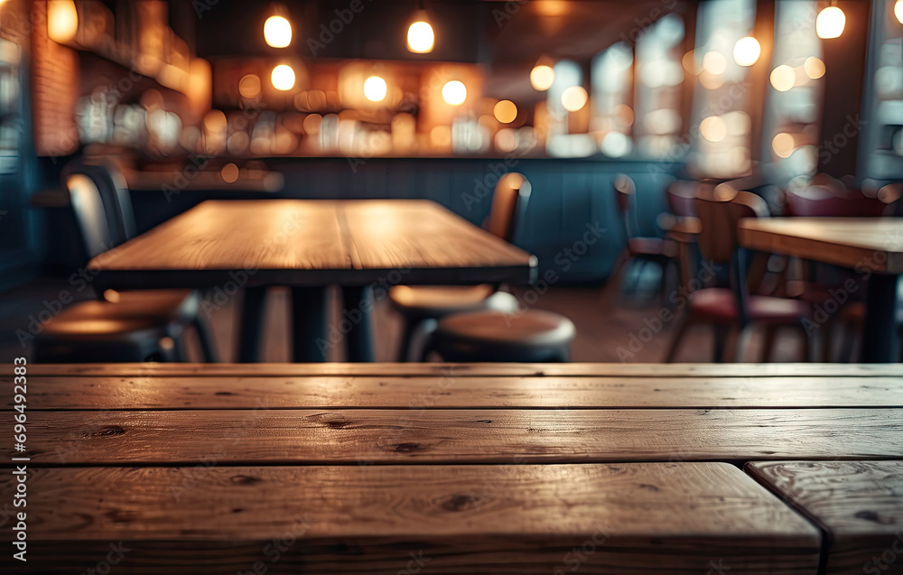 Empty wooden table with blur rustic coffee shop restaurant cafe