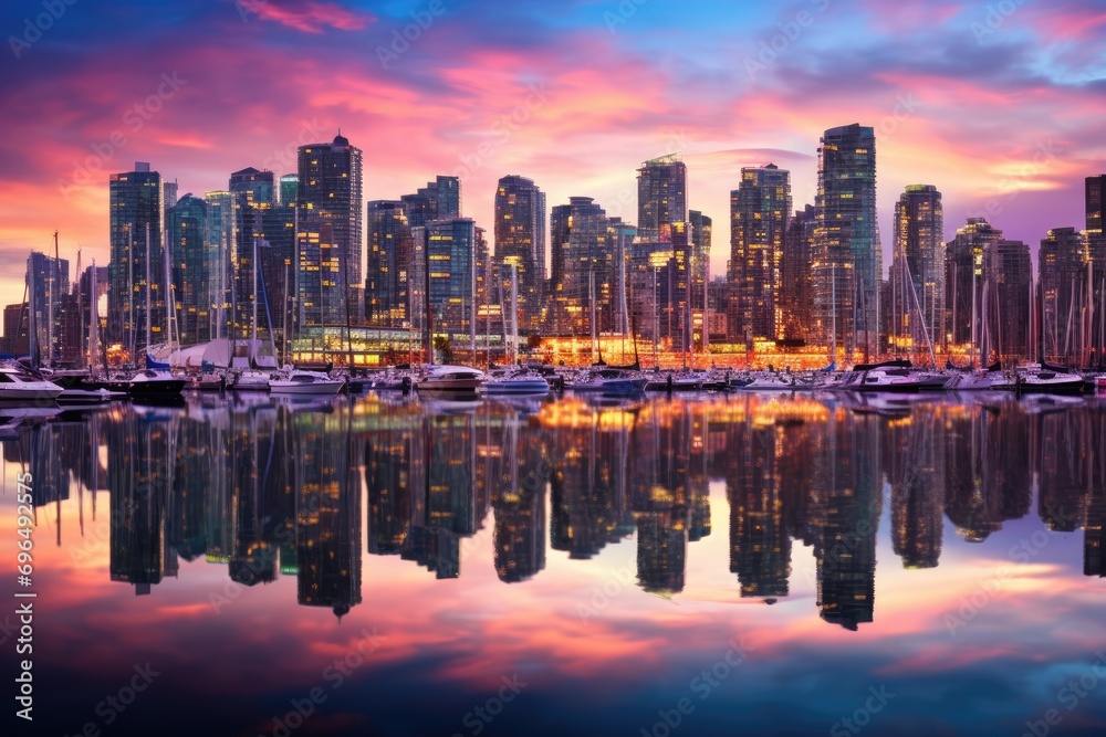 Dubai Marina at sunset in Dubai, UAE. Dubai was the fastest developing city in the world between 2002 and 2008, Beautiful view of downtown Vancouver skyline, British Columbia, Canada, AI Generated
