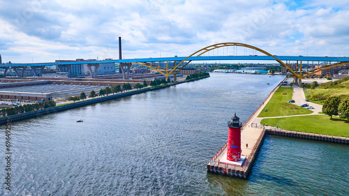 Aerial View of Milwaukee Pierhead Lighthouse and Hoan Bridge photo