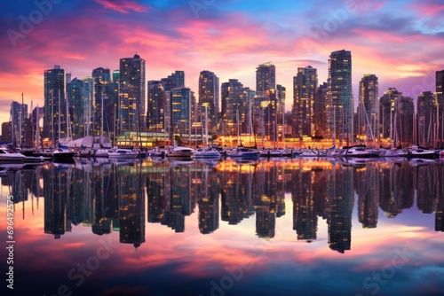 Dubai Marina at sunset in Dubai  UAE. Dubai was the fastest developing city in the world between 2002 and 2008  Beautiful view of downtown Vancouver skyline  British Columbia  Canada  AI Generated