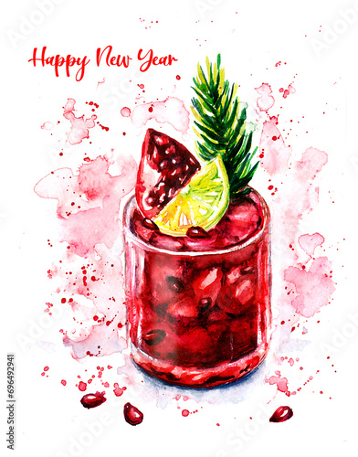 New Year greeting card with a pomegranate drink using sketching technique