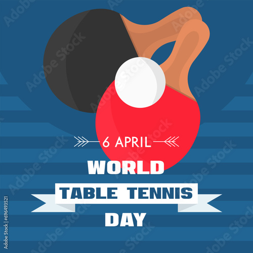 Square poster for Table Tennis Day. World Table Tennis Day. Card with rackets and ball on blue background. 6 april. Sports festival. Blue holiday banner for social media. World holiday.
