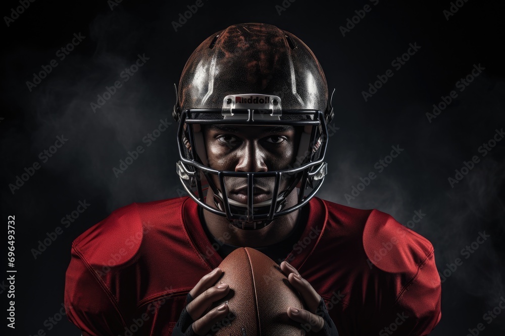 american football player with helmet and ball in smoke isolated on black, An American football player in a helmet holding a rugby ball, AI Generated