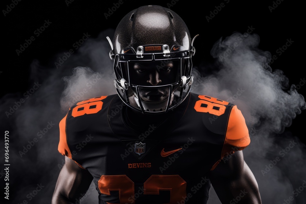 American football player in helmet holding ball on black background with smoke, An American football player in a helmet holding a rugby ball, AI Generated
