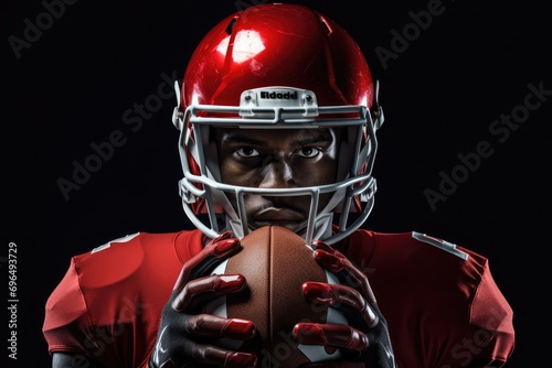 american football player with helmet and ball in smoke isolated on black, An American football player in a helmet holding a rugby ball, AI Generated