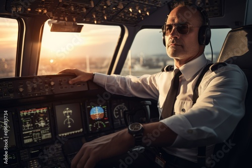 Pilot in the cockpit of a plane at sunset. The pilot controls the aircraft, An airplane pilot at the airport, AI Generated © Ifti Digital