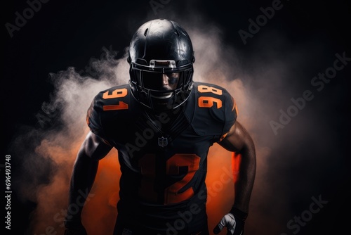 American football player in helmet and jersey on black background with orange smoke, An American football player in a helmet holding a rugby ball, AI Generated