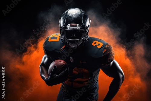 Portrait of a serious american football player holding ball against black background, An American football player in a helmet holding a rugby ball, AI Generated