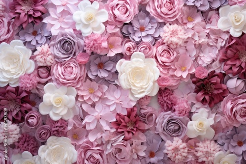 Colorful artificial flowers as background  top view. Floral backdrop  Artificial Flowers Wall for Background in vintage style  AI Generated