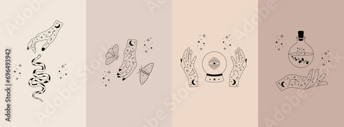 Celestial mystical moon and hands. Set of magic hands with celestial mystical esoteric symbols for logotype, posters. Vector illustration.