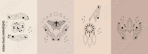 Celestial mystical moon and hands. Set of magic hands with celestial mystical esoteric symbols for logotype, posters. Vector illustration.