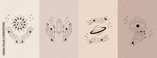 Celestial mystical moon and hands. Set of magic hands with celestial mystical esoteric symbols for logotype, posters. Vector illustration.