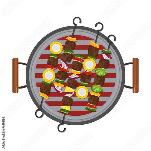 Illustration set of grilled food. Barbecue. Various spices and vegetables are grilled on a charcoal grill. Top view. Isolated on a white background. cute cartoon for design elements Easy to edit.