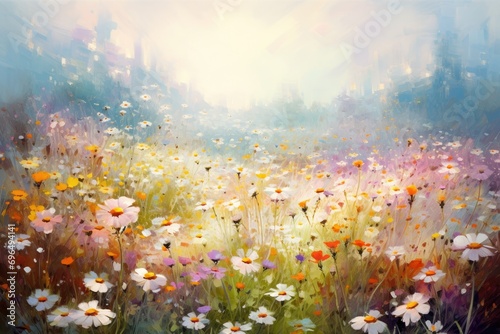 Colorful meadow with daisies and chamomiles, Beautiful digital art realistic painting of a meadow full of wildflowers, AI Generated