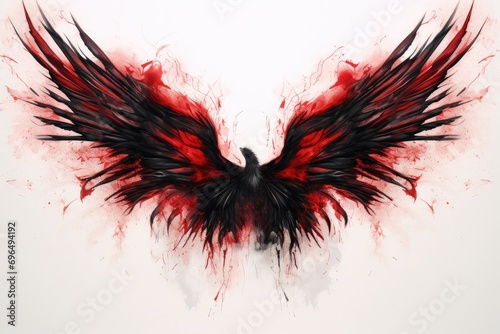 Black wings of a crow on a background of red blood splashes, Beautiful magic red-black wings drawn with a watercolor effect, AI Generated photo