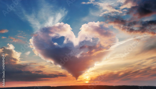 Heart shape of fluffy clouds in the sunrise sky.	
 #696494340