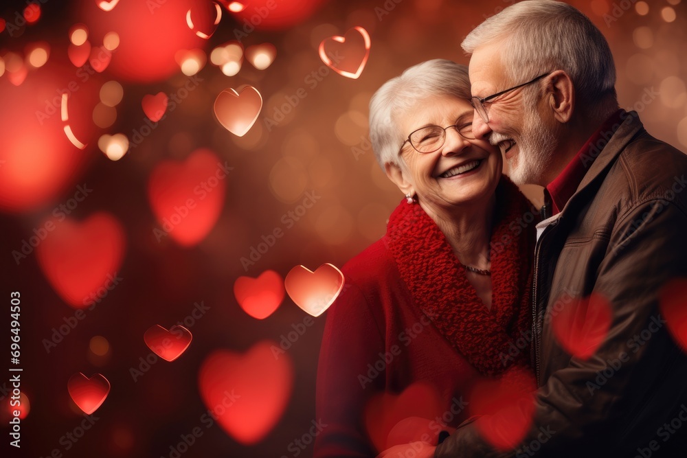 Happy smiling lover elderly man and woman with a blurred background adorned with shimmering red bokeh lights to evoke a romantic Valentine's Day theme.